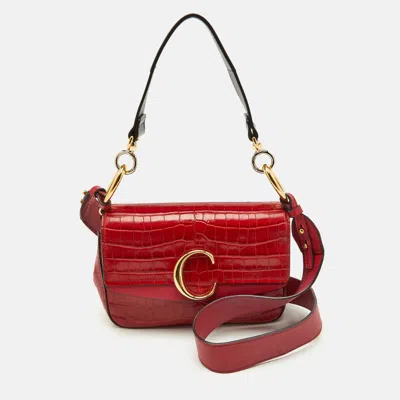 Pre-owned Chloé Red Croc Embossed Leather C Mini Top Handle Bag