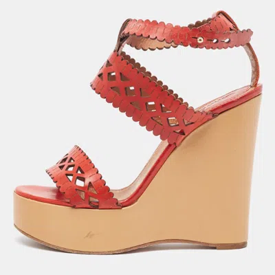 Pre-owned Chloé Red Laser Cut Leather Wedge Platform Ankle Strap Sandals Size 37.5