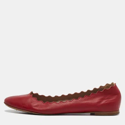 Pre-owned Chloé Red Leather Lauren Scalloped Ballet Flats Size 38.5