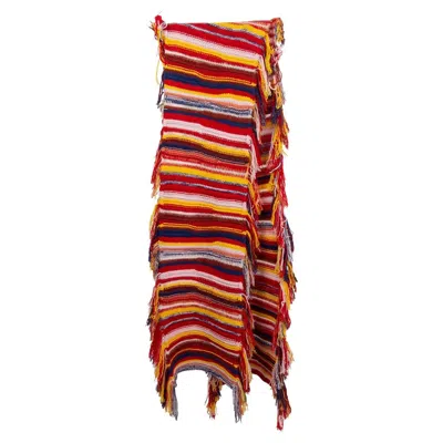 Pre-owned Chloé Chloe Red Multicolor Cashmere Blend Striped Fringed Knit Muffler Scarf