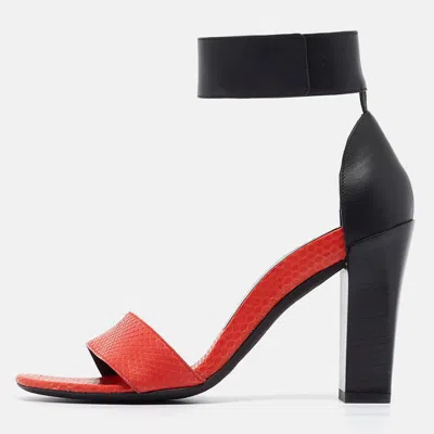 Pre-owned Chloé Red/black Leather And Snake Skin Block Heel Ankle Cuff Sandals Size 37