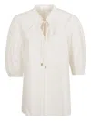 Chloé Cotton Keyhole Puff Sleeve Tie Neck Top In White