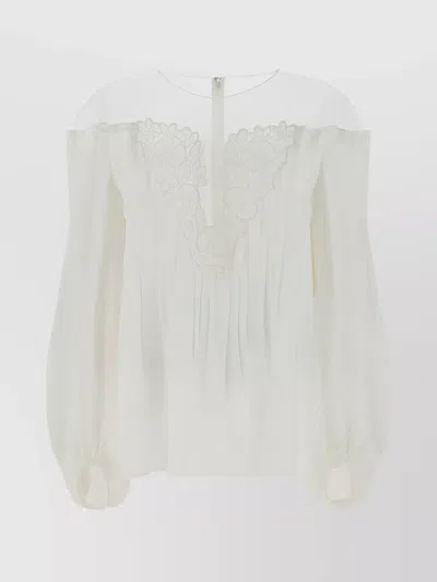 Chloé Ribbed Balloon Sleeve Lace Top In White
