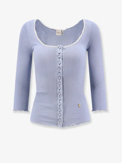 Chloé Ribbed Cotton Shirt With Lace Insert In Blue