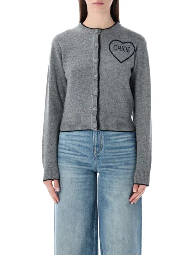 Chloé Wool And Cashmere Cardigan With Logo Knitwear Grey In Gray