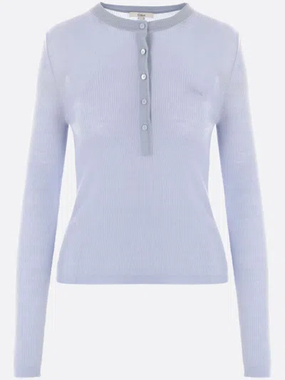 Chloé Silk-trimmed Ribbed Wool Sweater In Blue