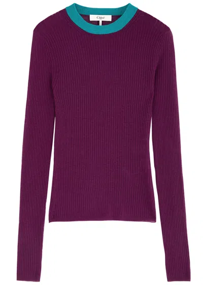 Chloé Chloe Ribbed Semi-sheer Wool Jumper In Purple