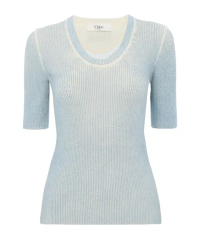 Chloé Ribbed Short-sleeve Top In Blue