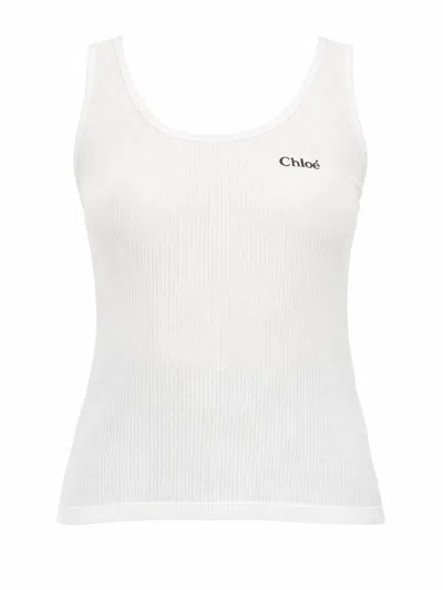 Chloé Ribbed Stretch Jersey Tank Top With Logo Embroidered On The Chest In White