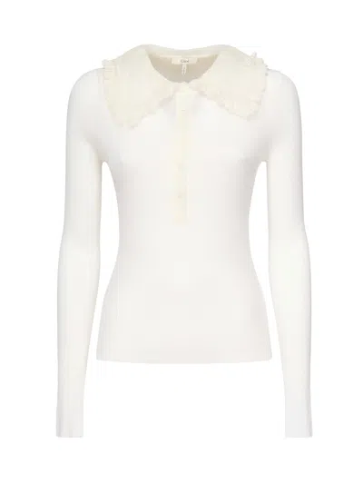 Chloé Ribbed Wool Polo With Lace