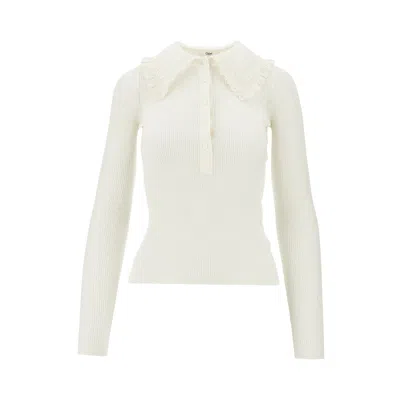 Chloé Ribbed Wool Top With Lace Collar In White