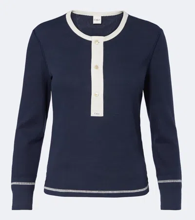Chloé Ribbed-knit Cotton Jersey Henley Shirt In Blue