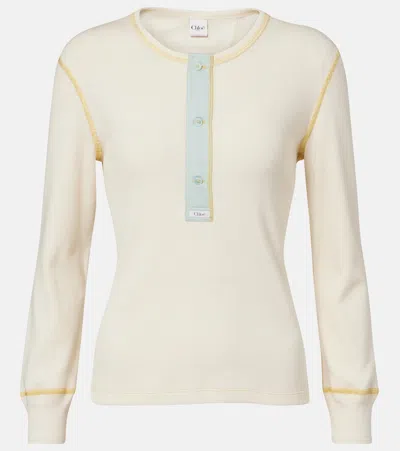 Chloé Ribbed-knit Cotton Jersey Henley Shirt In Neutral