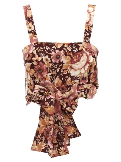 Chloé Rose Print Cropped Silk Top In Maroon Pink