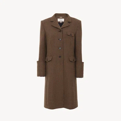 Chloé Riding Coat In Houndstooth Wool Grey Size 10 85% Wool, 15% Polyamide, Horn Bubalus Bubalis, Farmed,  In Brown