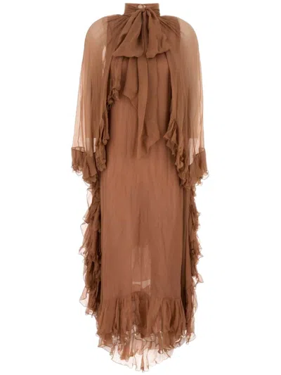 Chloé Cape-detailed Ruffled Silk Maxi Dress In Brown