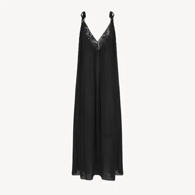 Chloé Robe Longue À Fines Bretelles En Charmeuse De Soie Et Dentelle Femme Noir Taille 38 100% Soie