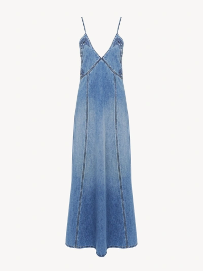Chloé Long Flare Denim Dress Blue Size 10 80% Cotton, 20% Linen In Bleu