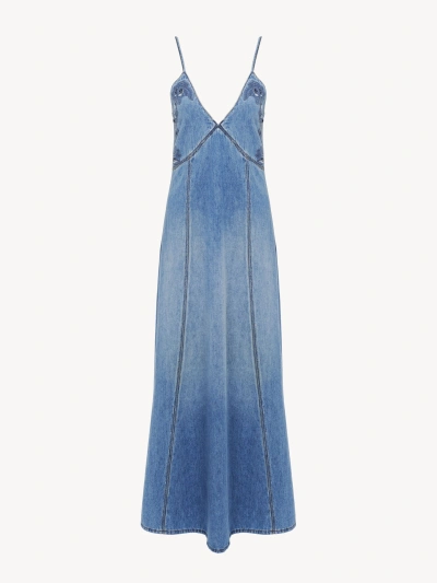 Chloé Denim Maxi Dress With Eyelet Embroidery In Foggy Blue