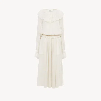 Chloé Gathered Long Dress In Silk Crêpon White Size 6 100% Silk, Pinctada Maxima, Farmed, Coo Australia