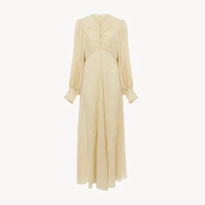 Chloé Robe Longue Froncée En Soie Jacquard Femme Laiton Doré Taille 38 100% Soie