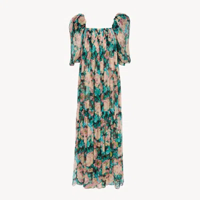 Chloé Puff-sleeve Long Dress In Silk Mousseline In Multi