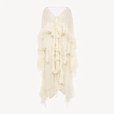 Chloé Long Ruffled Dress In Silk Mousseline In White