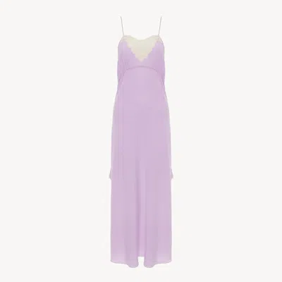 CHLOÉ THIN-STRAP MIDI DRESS IN CRÊPE DE CHINE & LACE PURPLE SIZE 8 100% SILK
