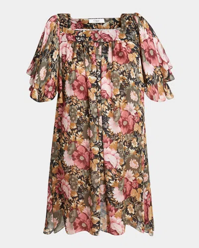 CHLOÉ ROSE PRINT PLEATED MINI SILK DRESS