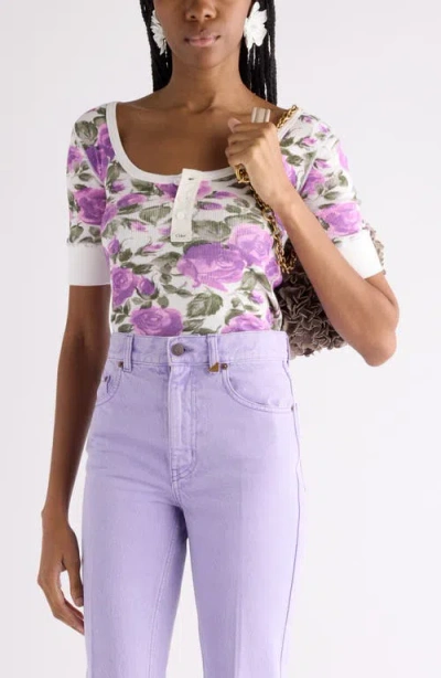 Chloé Rose Print Rib Jersey Henley In Purple