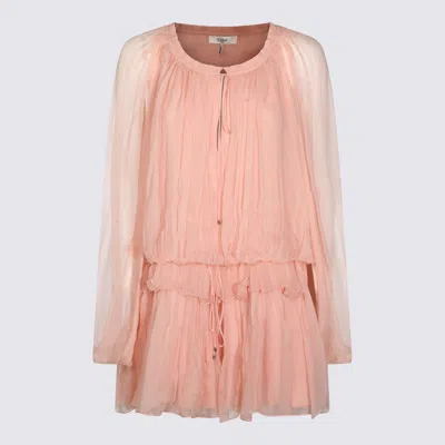 Chloé Women Pink Mini Dress With Drawstring On The Front And Cape Design In Silk Woman In Neutral