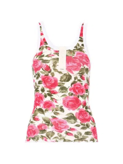 Chloé Cotton Henley Tank Top With All-over Floral Pattern In Red