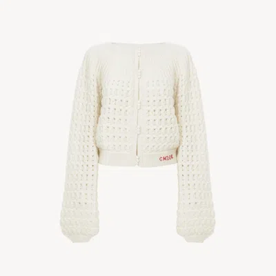 CHLOÉ ROUND-NECK CARDIGAN IN A WOOL & CASHMERE KNIT WHITE SIZE S 71% WOOL, 29% CASHMERE