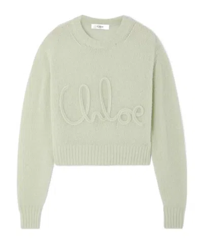 Chloé Round Neck Long Sleeve Knitted Sweater In Green