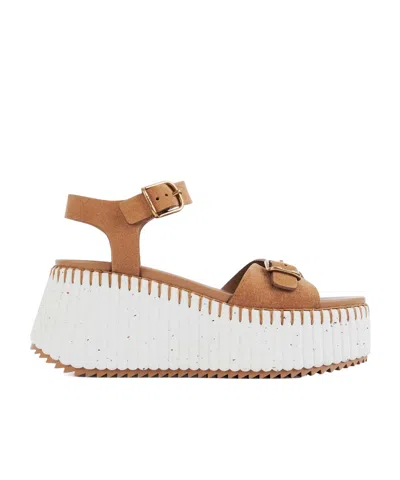 Chloé Isla 105 Calf Leather Wedge Sandals In Brown