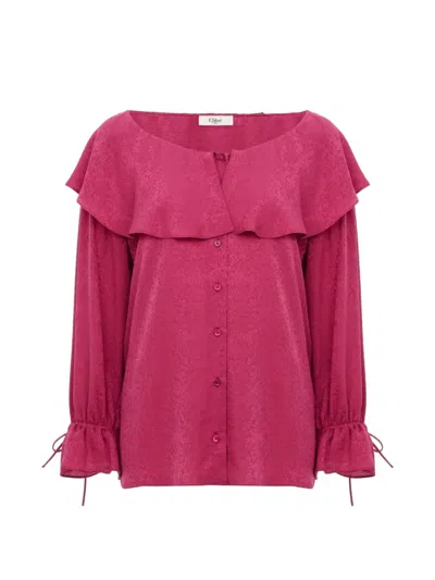 Chloé Ruffle Floral Silk Jacquard Button-front Top In Pink
