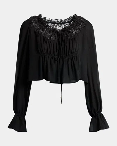 CHLOÉ RUCHED LACE SILK PEASANT BLOUSE