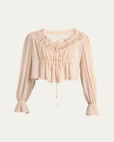 Chloé Ruched Lace Silk Peasant Blouse In Pink
