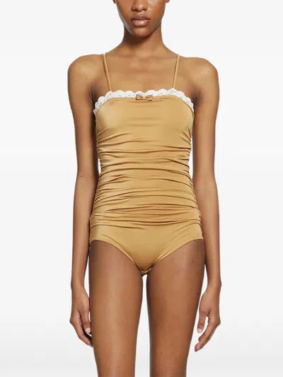 Chloé Ruched Lace-trim Bodysuit In Brown