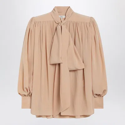 Chloé Ruched Sand-coloured Blouse With Lavallière Tie In Brown