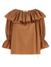 Chloé Ruffled Cotton Blouse With Drawstring Cuffs For Women In Brown