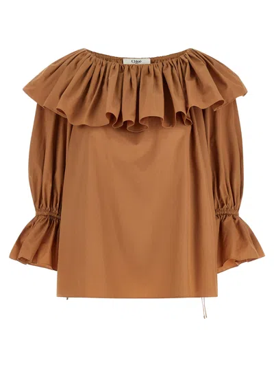 Chloé Ruffled Cotton Blouse With Drawstring Cuffs For Women In Brown