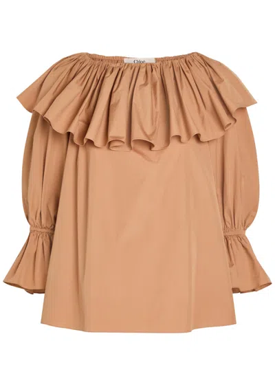 Chloé Chloe Ruffle Cotton-poplin Blouse In Brown