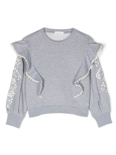 Chloé Kids' Ruffle-detail Floral-embroidery Sweatshirt In Grey