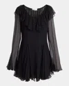 Chloé Ruffle Long-sleeve Silk Mousseline Mini Dress In Black