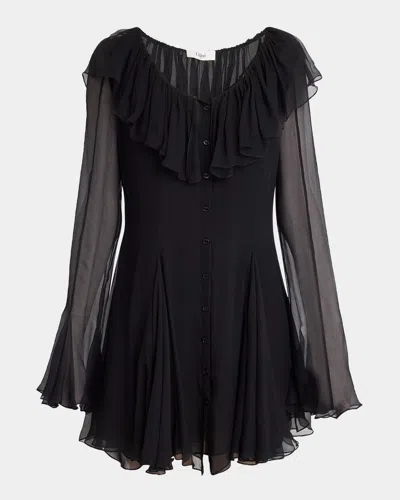 CHLOÉ RUFFLE LONG-SLEEVE SILK MOUSSELINE MINI DRESS