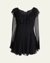 Chloé Ruffle Long-sleeve Silk Mousseline Mini Dress In Black
