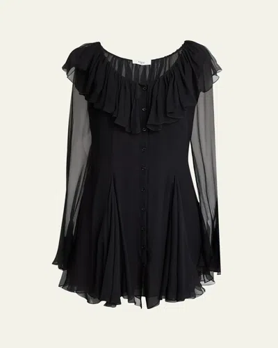Chloé Ruffle Long-sleeve Silk Mousseline Mini Dress In Black