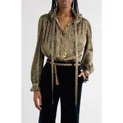 Chloé Ruffle Neck Silk Crêpon Lamé Button-up Shirt In Black Gold
