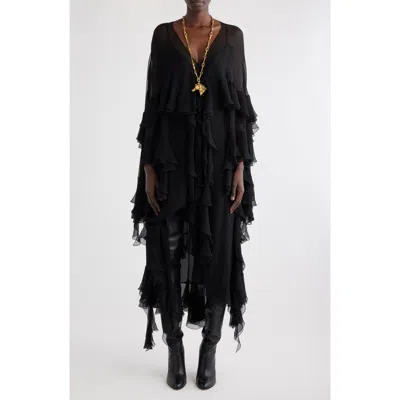 Chloé Tiered Ruffle Silk Mousseline Asymmetric Dress In Black